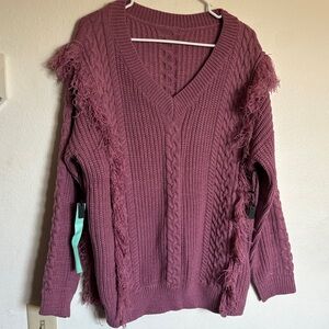 Elegant V-Neck Fringed Sweater - Mauve